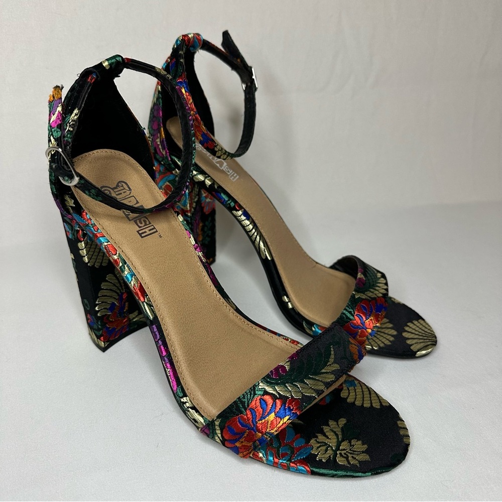 Brash Naomi Ankle Strap Heeled Sandal Multi Color Floral Black Women’s Size 9
